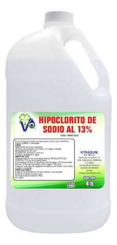 4 Litros De Hipoclorito De Sodio Al 13% Vitraquim Materia