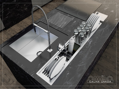 Calha Úmida Canal Equipado Escorredor Louça Inox Embutido