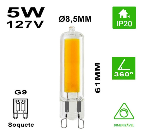 Imagem 4 de 6 de Lâmpada Led Cob 5w 127v G9 Halopin Branco Quente Dimerizável
