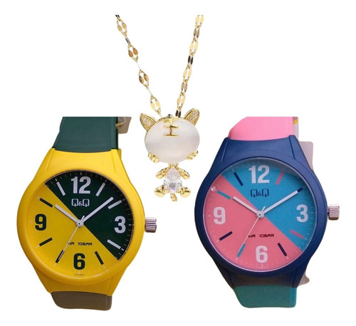 Set Dos Reloj Q&q Mujer Y Un Collar Gato Cristal