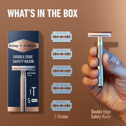 Rasuradora King C. Gillette Doble Filo, Acero Inox + 5 Hojas