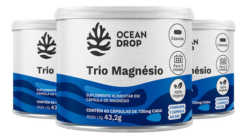 Kit 3 Trio Magnésio Ocean Drop Vegano 60 Cápsulas