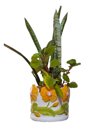 Maceta De Cerámica Esmaltada Flores 16 Cm Amarillo Flores (Usado)