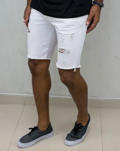 Bermuda Jeans Branca Rasgada Com Barra Aberta Creed Frete gr tis