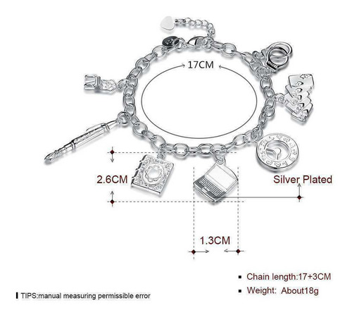 Imagen 2 de 6 de Pulsera Plata 925 Con Dijes Calculadora, Lapicera, Contador