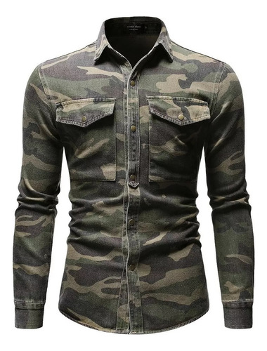 Camisa Denim Camuflaje Verde Militar De Manga Larga