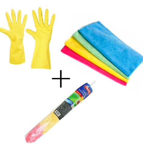 Kit De Aseo Hogar Guantes + Paños + Plumero