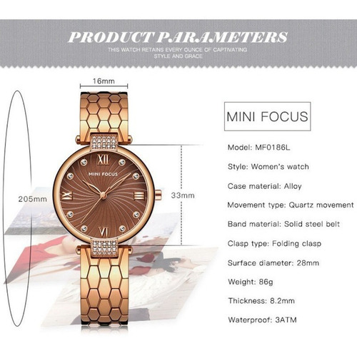 Relógio impermeável de quartzo elegante com pulseira de café Mini Focus Color