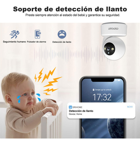 Cámara Vigilancia 360° 8MP | Detección de Llanto y Personas | Luz Nocturna Dual | WiFi 5G | 256GB | COZYCAST SH064 | Envío Gratis