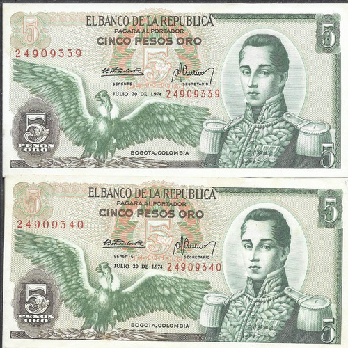 Colombia Dúo De Números Consecutivos, 5 Pesos 20 Julio 1974