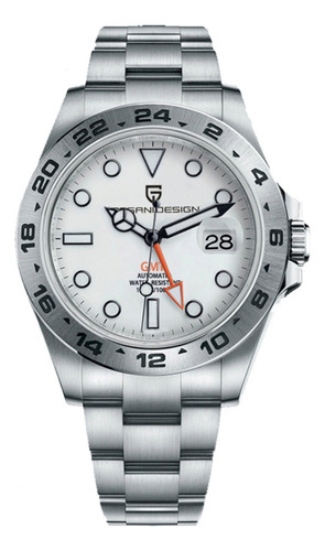 Reloj Mecánico Pagani Design Gmt Watch De Lujo Para Hombre Correa Plateado Fondo Blanco