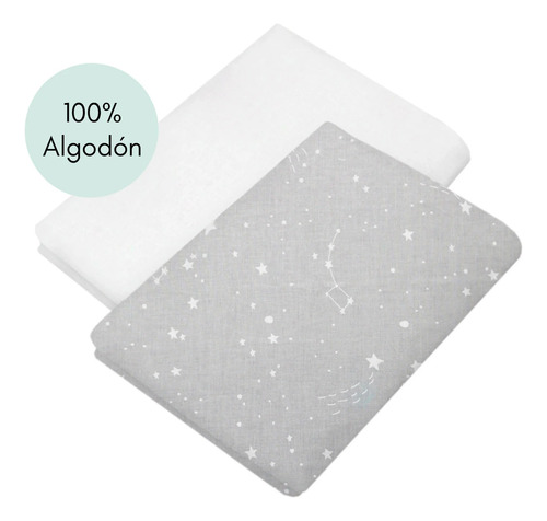 Set De 2 Sábanas De Cajón Para Colecho/corral (74x110) Gris Constelaciones/blanco