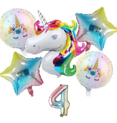 Unicornio Globo Metálico Set 6 Piezas Fiesta  Decoración