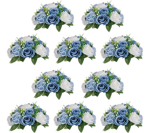 Flores Artificiales Cabezas De Rosas Azul Y Blancas Pack 10u