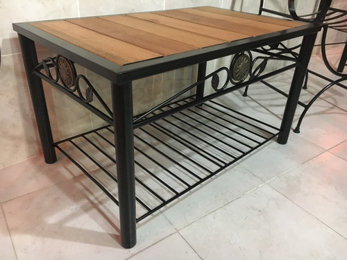 Imagen 3 de 10 de Mesa Ratona Industrial Hierro Y Madera Estantes Deck Forjado