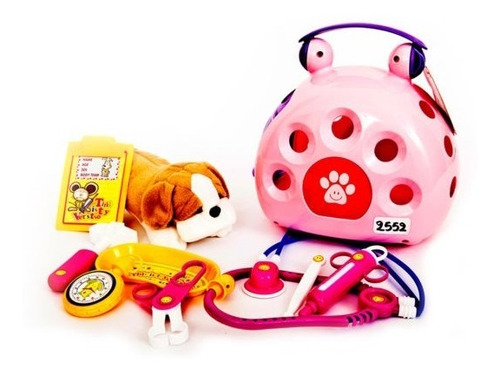 Imagen 2 de 6 de Perro Peluche Perrito En Valija C/ Accesorios De Veterinaria
