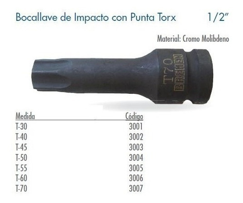Tubo Bocallave De Impacto Punta Torx Bremen® T60 Enc 1/2''