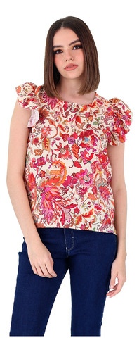 Blusa Manga Corta Con Olán Y Estampado De Flores 