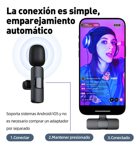 Micrófono Inalámbrico Bluetooth 2en1 Con Clip Para Móviles Negro+lightning