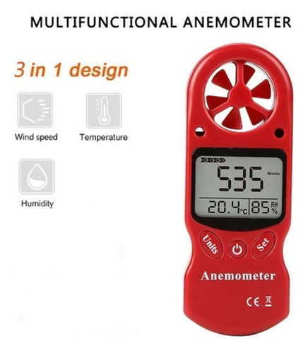 Medidor Digital Anemômetro 3 Em 1 Velocidade Vento Umidade