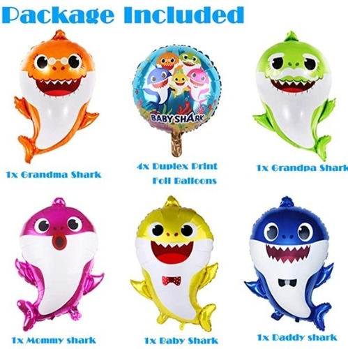 Imagen 3 de 4 de Pack 9 Globos Baby Shark En Alumino Ideal Para Helio