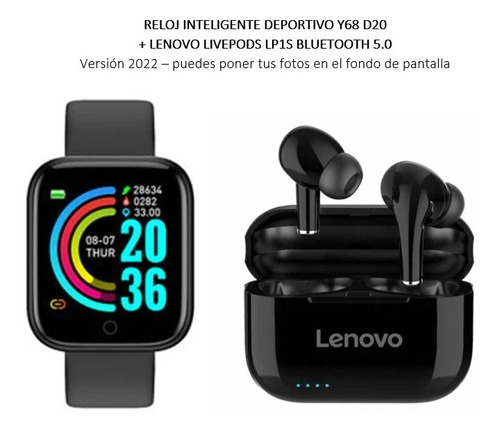 Reloj Inteligente Smartwatch Y68 + Audífono Lenovo Bluetooth