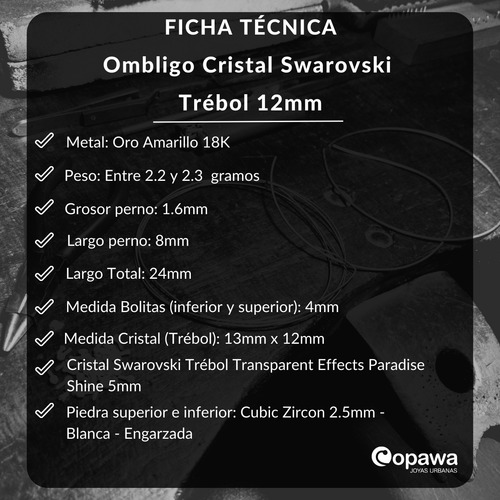 Piercing Ombligo Navel Oro 18kCristal Swarovski Trébol 12mm - Copawa Joyas