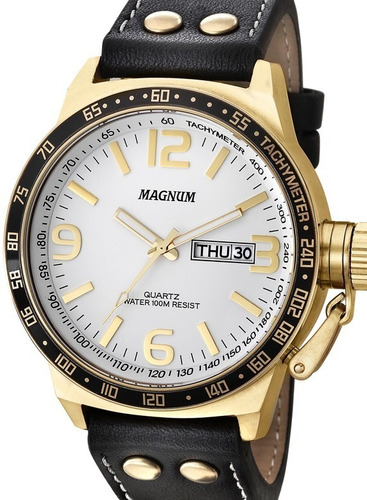 Relógio Magnum Masculino Dourado Pulseira Preta Prova D´agua