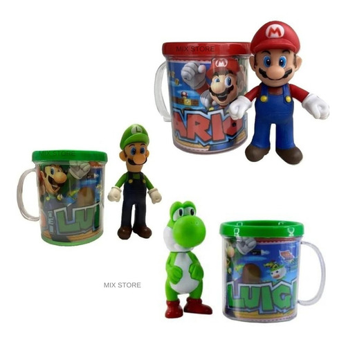 Bonecos Super Mario Luigi E Yoshi + Canecas Personalizas