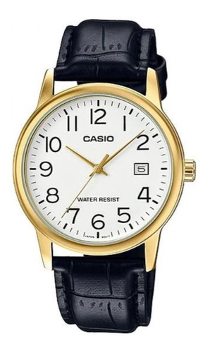 Reloj pulsera Casio MTP-V002 con correa de cuero color negro - fondo blanco - bisel dorado