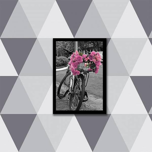 Quadro Fotografia Bicicleta Com Flores Rosas 24x18cm