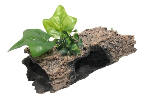 Enfeite Aquário Tronco Toca Rústico Com Plantas 23,5x7x8cm