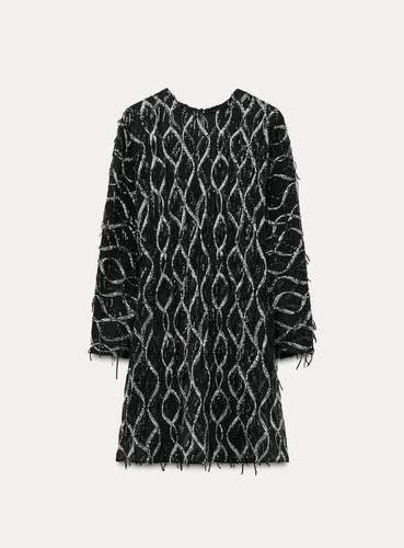 Vestido Zara M Negro Con Flecos De Lentejuelas Plata Fiesta