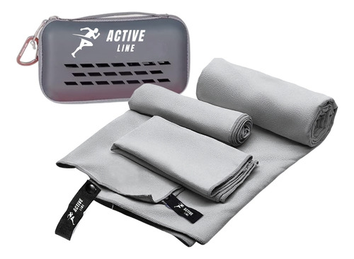 Toalla De Secado Rápido Set De 3 Toallas Gris Viaje Microfibra Ligera + Bolso Transporte + Gancho Juego Toallas De Secado Rápido Para Camping, Playa, Gimnasio, Mochileros, Deportes, Yoga Activeline