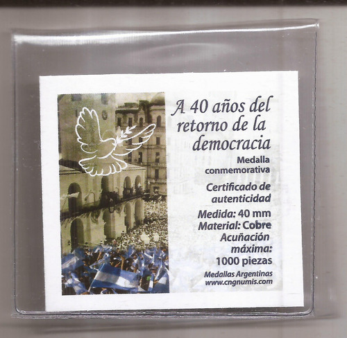 Medalla De Cobre Raul Alfonsin 40 Años De Democracia 4 Cm
