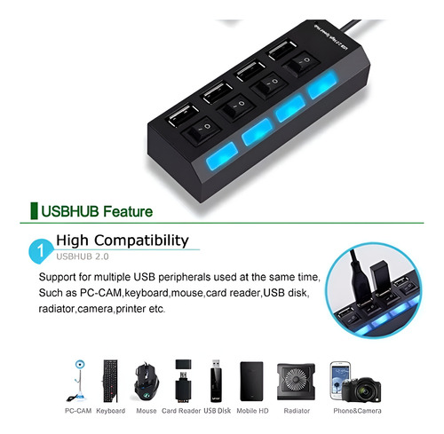 Hub Usb 4 Puertos Con Switch Pc Laptop Usb 2.0 Rapidez