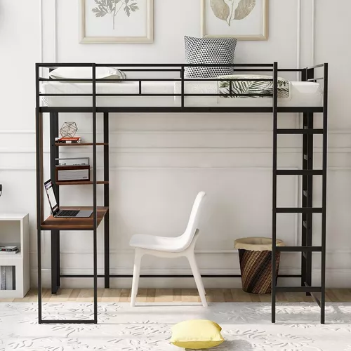 Cama alta de metal con escritorio, camas tipo loft de tamaño individual con  estantes, marco de cama de metal resistente con escalera y barandillas de
