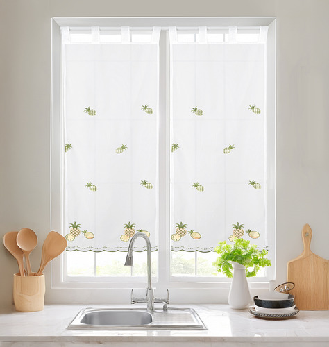 Cortinas Cocina Frutas Bordado Semitransp 2pzs Lino Algodón Piña