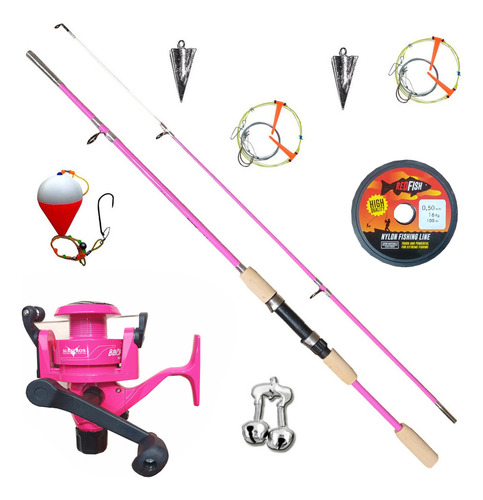 Kit Combo Equipo Pesca Rosa Caña + Reel + Lineas Completo