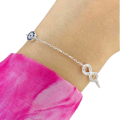 Pulsera Espejado Infinito Y Ojito Protector De Plata Ps 32 