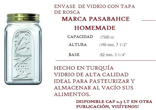 Envase Al Vacio  Pasabahce  Tarro Vidrio 1,5 Litro Cocina