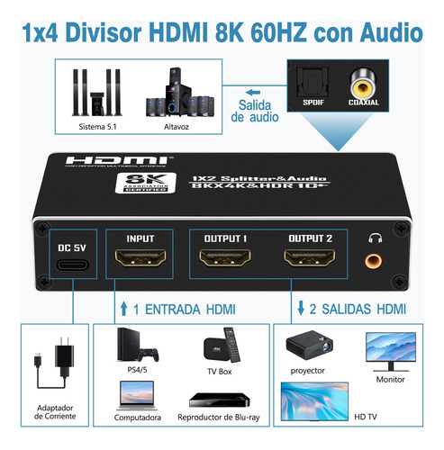 1x2 Splitter Hdmi Divisor Hdmi 8k Extractor De Audio Hdcp2.3