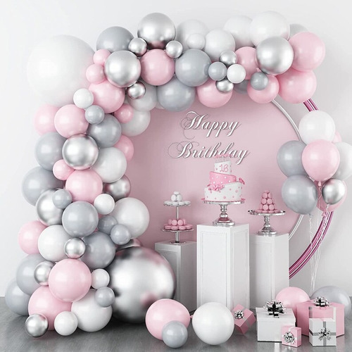 Arcos De Globos Chrome Plata, Gris Y Rosa