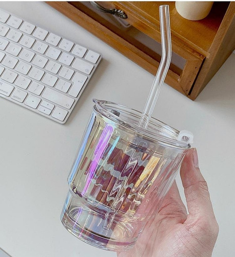 Vaso De Vidrio Con Tapa Y Sorbete De Vidrio Tornasolado Tornasol