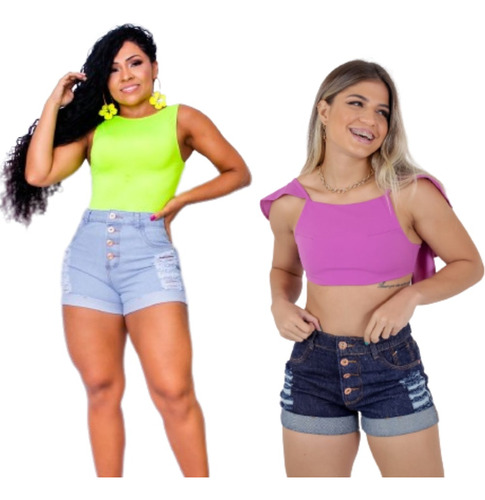 Kit 2 Shorts Jeans Feminino Cós Alto Hot Pants Barra Dobrada