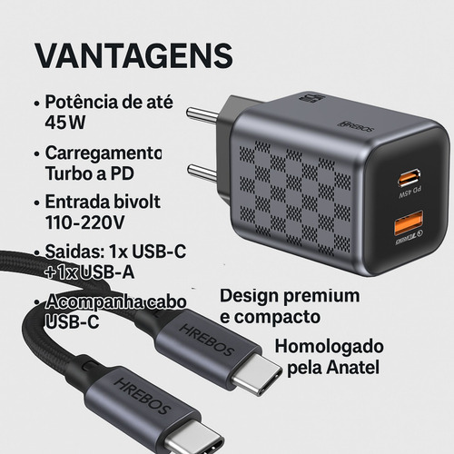 Carregador Celular Turbo Power 45w Usb A + Usb-c Com Tipo C