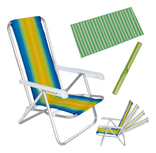 Kit Cadeira De Praia Reclinável Alumínio + Esteira De Praia