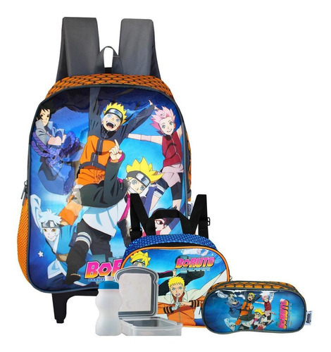 Mochila Rodinhas Boruto + Estojo + Kit Lanche Naruto Laranja