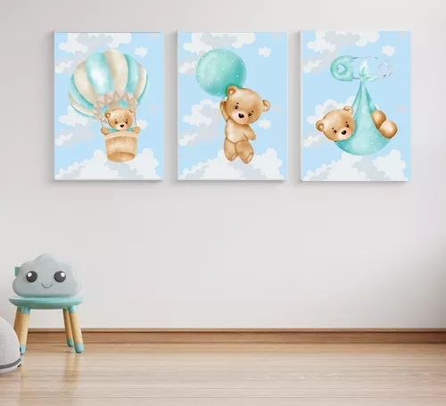 Quadros Decorativos Quarto Bebê Urso nas Nuvens Azul A3