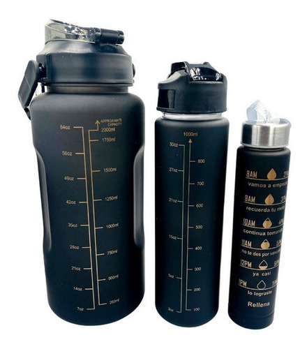 Vaso Trio Negro Botella Agua Deportivo Motivacional Gym 3en1